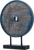 Unique Round Coin Sculpture Decorative Objects for Shelf Home Decor Accents, Modern Abstract Tabletop Decor Items for Living Room Fireplace Mantel, Above Cabinet (Blue)