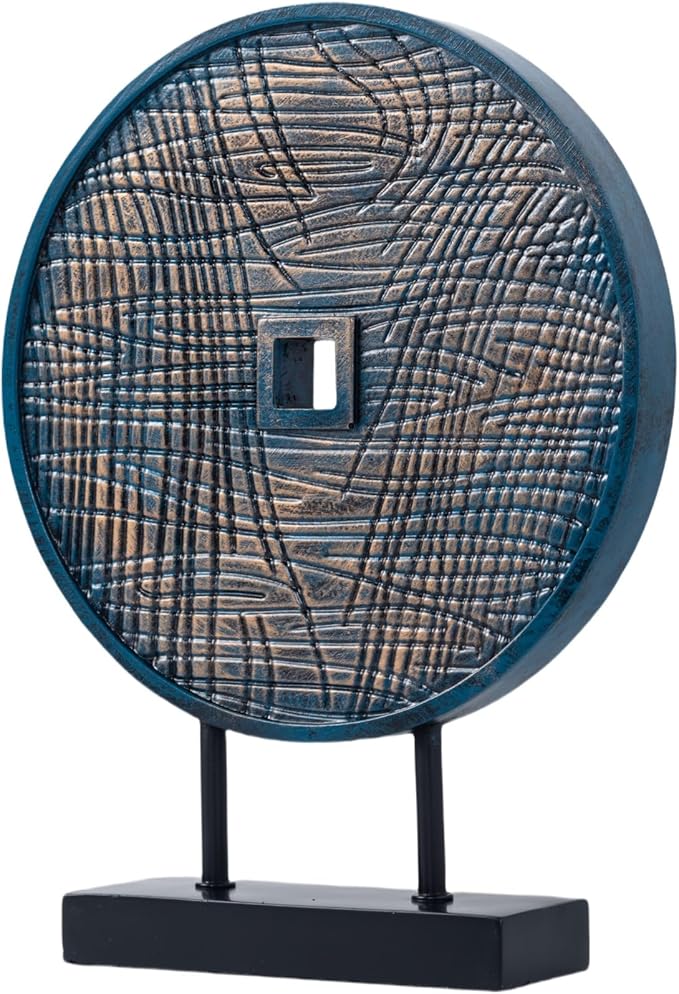 Unique Round Coin Sculpture Decorative Objects for Shelf Home Decor Accents, Modern Abstract Tabletop Decor Items for Living Room Fireplace Mantel, Above Cabinet (Blue)
