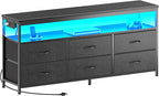 Huuger LED TV Stand for Bedroom, 55 Inch Fabric Dresser with Power Outlets, Entertainment Center for 60, 55, 50 Inch TV, 6 Drawer Dresser for Bedroom, Chest of Drawers with Shlef, PU Leather, Black
