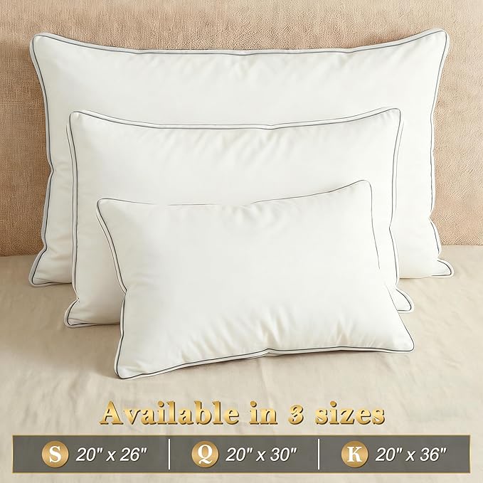 Feather Pillows Standard Size Set of 2 Goose Down Pillows with 100% Breathable Cotton Cover, Hotel Collection Bed Pillows for Sleeping, Soft Support for Back, Stomach and Side Sleepers