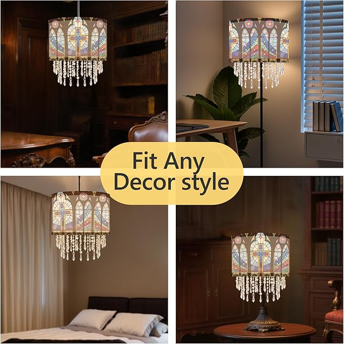 Cross Stained Glass Lamp Shade with Acrylic Bead Droplets, Drum Fabric Light Shade for Ceiling Pendant Table & Floor Lamps, Religious Christian Jesus Prayer Gift, 11.8in