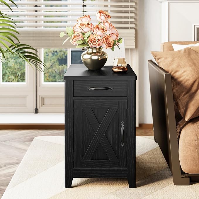 IRONCK End Table with Charging Station, Narrow Side Table for Living Room, Farmhouse Night Stand for Bedroom, Bedside Table with Storage and Drawer for Home, Black