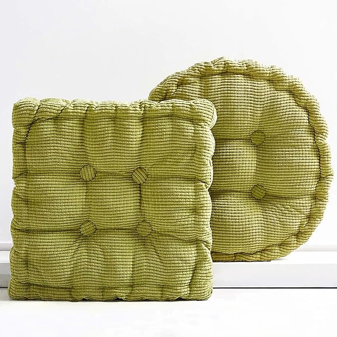 2 Pack Large Square and Round Floor Cushions for Adults Meditation Floor Pillow Green Corduroy Floor Seat Pillows Cushion for Living Room Balcony Tatami Yoga,18x18 Inch