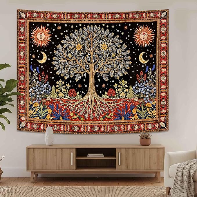 Lunerfex Tree of Life Wall Tapestry - Celestial Sun & Moon Wall Hanging for Bedroom and Living Room Decor - Boho Starry Night Tapestries 80"x60"