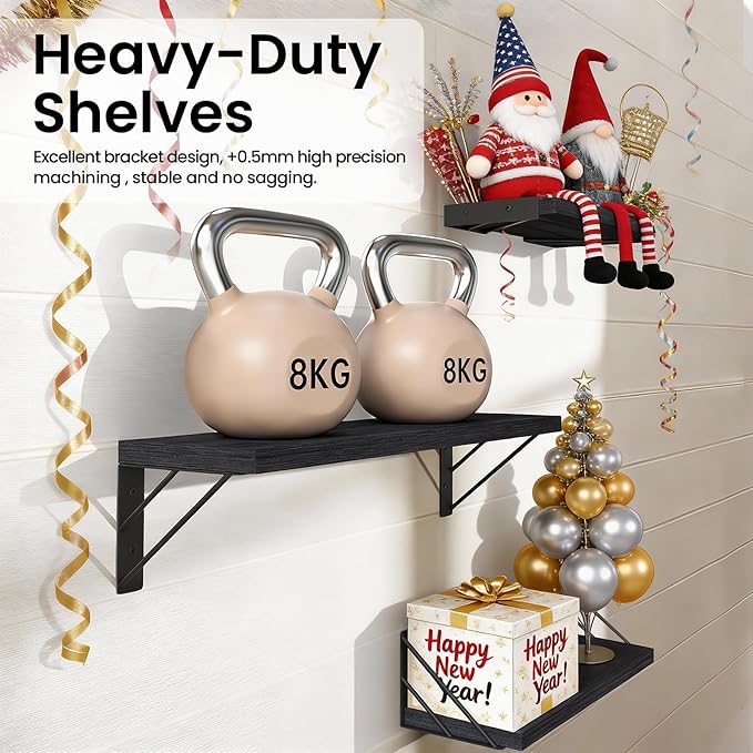 BAYKA Wall Mounted Floating Shelves, Wood Floating Wall Shelf for Books & Decor, Small Space-Saving Display & Organizer（Black，Set of 3）