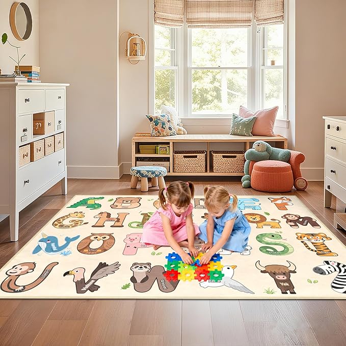 Kids Rugs for Playroom - 3x5 Feet ABC Alphabet Rug for Kids Room Educaitonal Learning Animal, Preschool Rug for Children Toddler Bedroom Nursery Kindergarten Decor, Beige