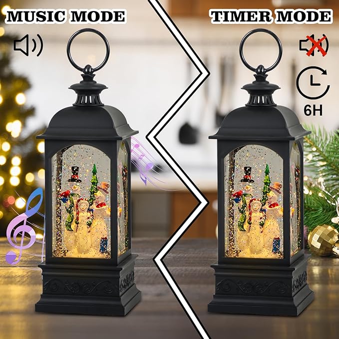 Eldnacele Snowman Music Snow Globe Lantern with 6 Hour Timer, Battery Operated & USB Powered Singing Lighted Lamp Swirling Water Glittering Christmas Decoration Holiday Decor Lantern