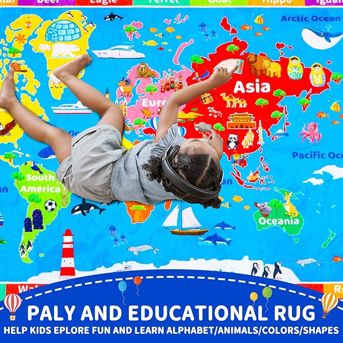 World Map ABC Kid Rug for Playroom 78.7"×59" Geography Classroom Play Rug Educational Baby Playmat Alphabet Rug for Primary School Fluffy Ployester Non-Slip Preschool Rug for Nursery Room