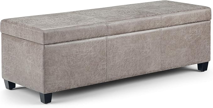 SIMPLIHOME Avalon Storage Ottoman Bench - 48 inch Wide Upholstered Vegan Leather Rectangular Lift-Top Ottoman in Distressed Grey Taupe, Contemporary Bench for Living Room with High-Density Foam