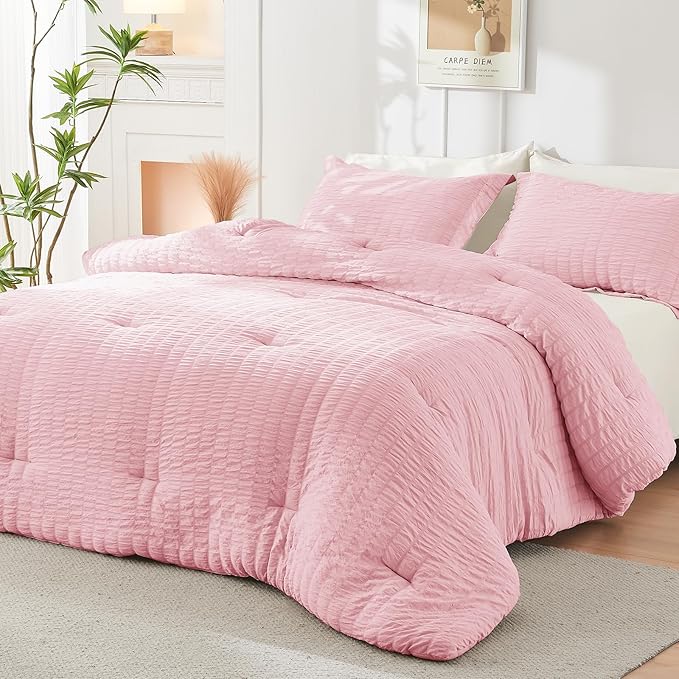 HYMOKEGE Pink/Ivory Full Size Comforter Sets Seersucker 7 Pieces, All Season Luxury Bed in a Bag for Bedroom, Bedding Set with Comforter, Sheets, Pillowcases & Shams