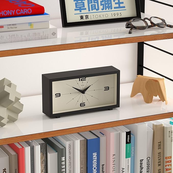 JONES CLOCKS® Odeon Desk Clock | Modern Rectangular Design | Black | Stylish Retro Look for Shelf, Table, Mantel or Bedside