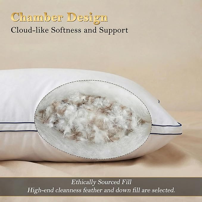 Feather Pillows King Size Set of 2 Goose Down Pillows with 100% Breathable Cotton Cover, Hotel Collection Bed Pillows for Sleeping, Soft Support for Back, Stomach and Side Sleepers