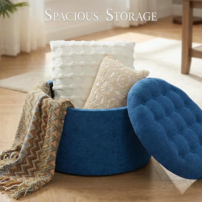 ONBRILL 25" Ottoman with Storage, Round Pouf Ottoman Foot Rest, Small Storage Foot Stool for Couch Bedroom Living Room, Books, Blankets & Kid's Toy Box, Load up to 220 lbs, Blue