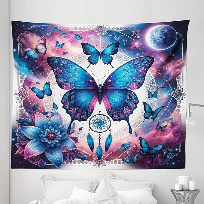 Ambesonne Boho Tapestry King Size, Astral Dream in Outer Space with Fantasy Butterfly Dreamcatcher Moon, Wall Hanging Bedspread Bed Cover Wall Decor, 104" X 88", Pale Pink Sky Blue Indigo