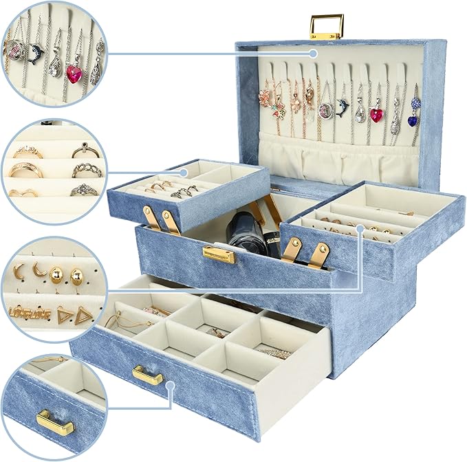 Dajasan Jewelry Organizer Box, Large Jewelry Boxes for Women Girls, Compact 3 Layers Jewelry Storage Case with Drawer, Gift Idea for Christmas, Valentine's Day, Birthday, Mother's Day (Blue)