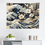 Ambesonne Anime Tapestry, Ukiyo-e Style Cultural Art Design with Squama Scales Waves Cherry Blossoms, Fabric Wall Hanging Decor for Bedroom Living Room Dorm, 28" X 23", Taupe Beige Dark Blue