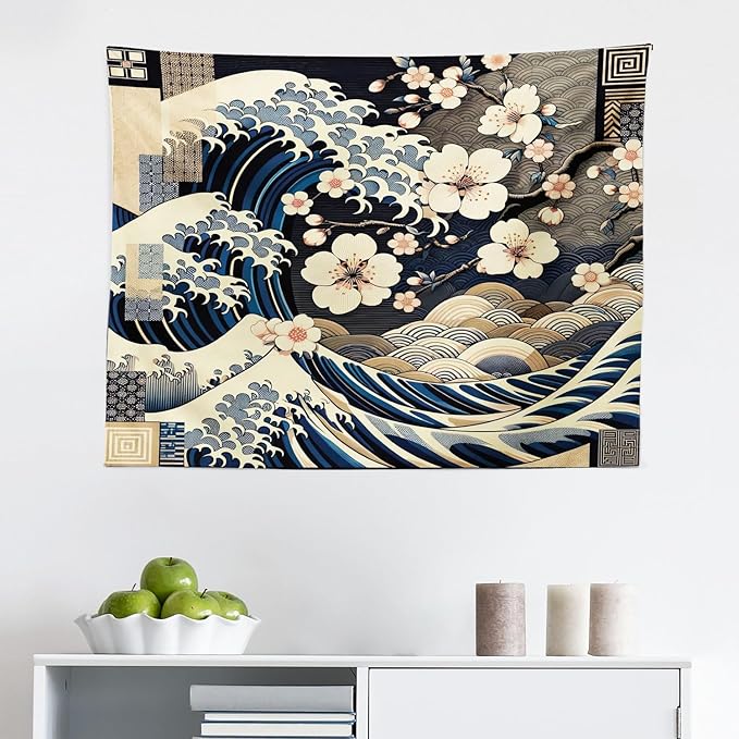 Ambesonne Anime Tapestry, Ukiyo-e Style Cultural Art Design with Squama Scales Waves Cherry Blossoms, Fabric Wall Hanging Decor for Bedroom Living Room Dorm, 28" X 23", Taupe Beige Dark Blue