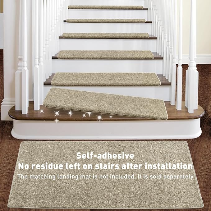 PURE ERA Bullnose Carpet Stair Treads Set Tape Free Non-Slip Indoor Stair Protectors Pet Friendly Rugs Covers Soft Skid Resistant Washable Reusable 9.5" x 30"(7 Pieces,Cream Gray)