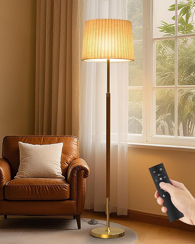 JOOFO Mid-Century Modern Wood Floor Lamp with Dual Fabric Shade, Remote Control, Dimmable & Adjustable Color Temperature, Reading & Living Room Lamp, Easy Clean Cover, Foot Switch,Walnut Wood