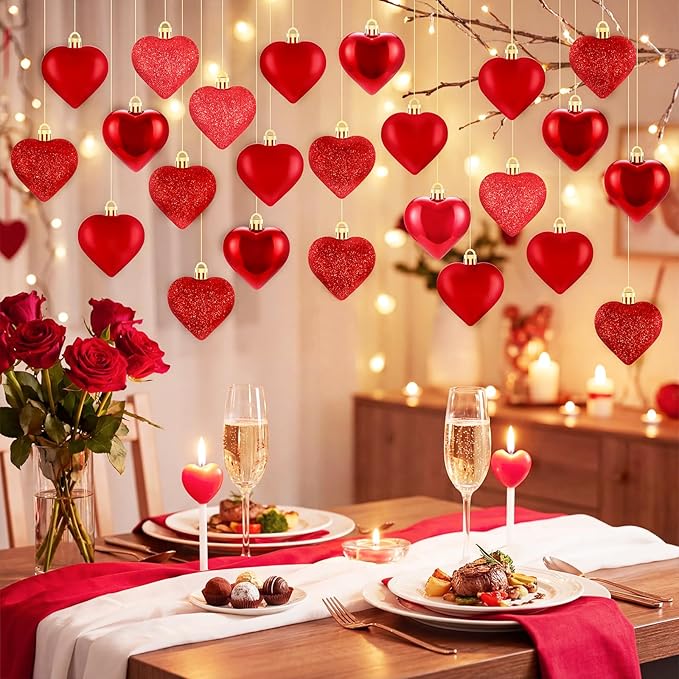 XmasExp Heart Ornaments for Christmas Tree Decorations Set of 24 Heart Shaped Bauble Perfect for Valentine's Day Wedding Anniversaries and Party Supplies (Dark Red)