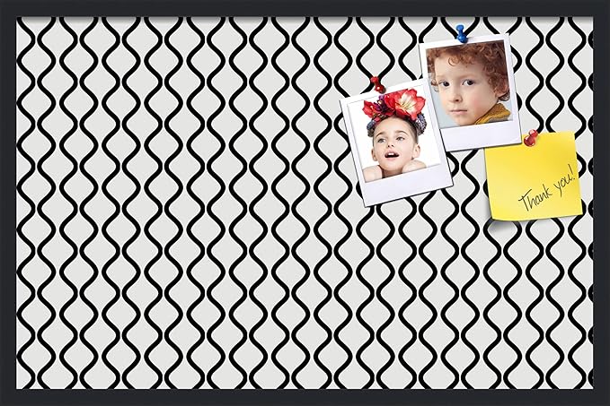 PinPix 34x22 Inch Cork Bulletin Board. This Decorative Framed Pin Board Comes with Black and White Waves Design and a Satin Black Frame. Ideal for Home Office Decor or Message Board (PinPix-194)