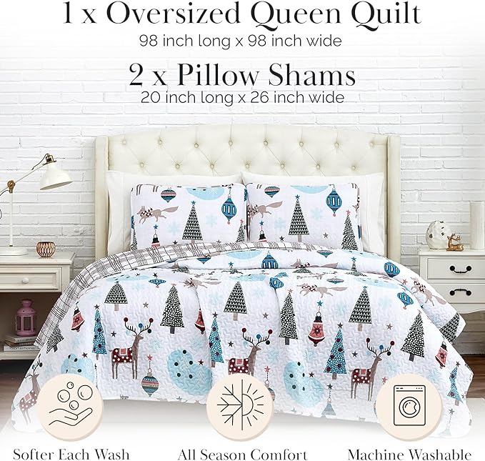 Southshore Fine Living, Inc. Full/Queen Size Christmas Quilt Set w/2 Pillow Shams, Holiday Bedding Set, 3-Piece Reversible Quilt Set, Cute Trees & Reindeer Over Red Plaid Print