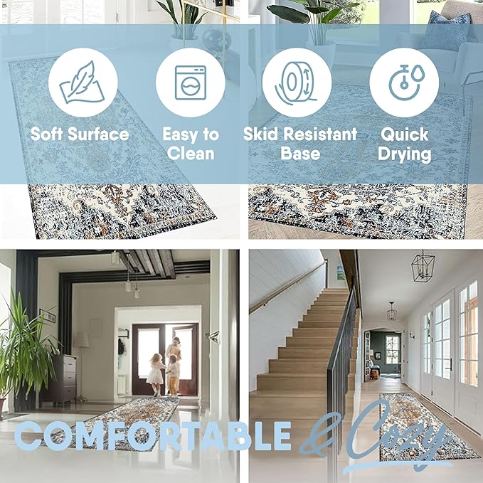 MICRODRY Runner Rug, Low-Profile Design for Sleek, Bulk-Free Look. Machine Washable, Stain-Resistant, Skid-Resistant Backing, Ideal for Bedroom Hallway, Kitchen, or Entryway, 2x7', Yasmin (Blue/Rust)