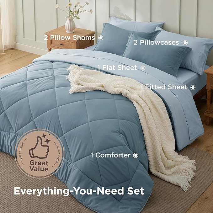 Bedsure King Comforter Set - 7 Pieces Reversible Grayish Blue Bedding, King Size Bed Set for All Seasons, Bed in a Bag with Down Alternative Comforter, Sheets, Pillowcases & Shams