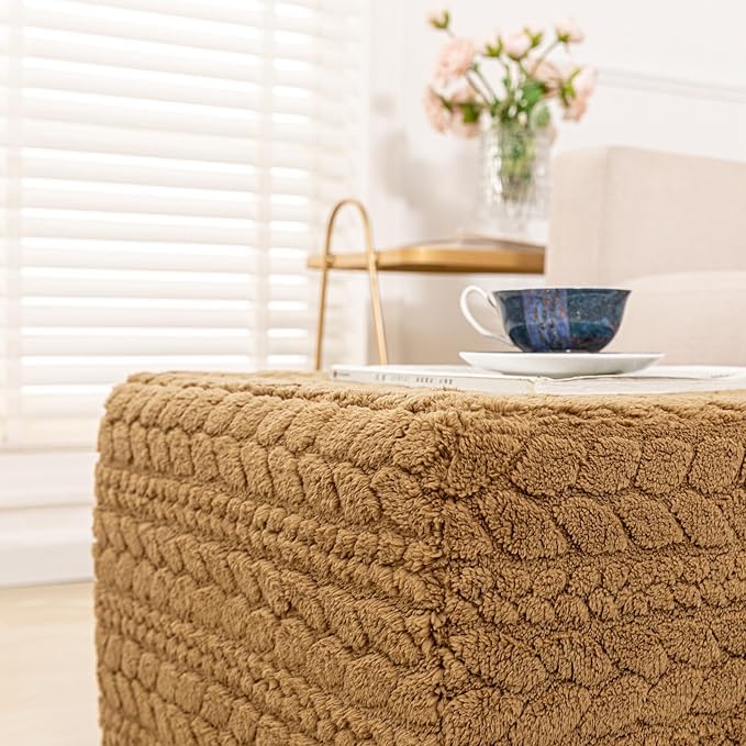 20x20x14 Inches Fluffy Square Pouf Ottoman - Plush Furry Ottoman Foot Rest Stool with High-Density Foam, Versatile Floor Seating for Living Room (Coffee)
