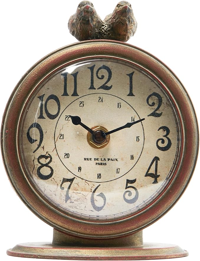 Creative Co-Op Vintage Pewter Mantel Clock with Birds, Distressed Brown