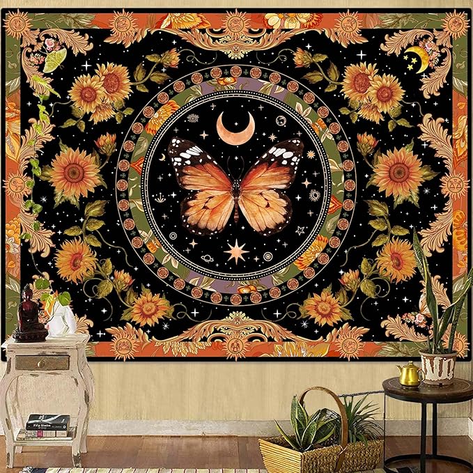 Accnicc Butterfly Floral Tapestry Vintage Indie Boho Flower Tapestries for Bedroom Aesthetic Retro Yellow Sunflower Moth Tapestry Wall Hanging for Dorm Living Room (90'' × 68'')