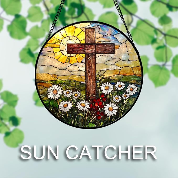Christian Gifts for Women - Cross Stained Glass Window Hanging Easter Golden Sun Daisy Floral Sun Catcher Garden Religion Decor Mother's Day Catholic Gift for Men Grandma Nana Her 9.8"