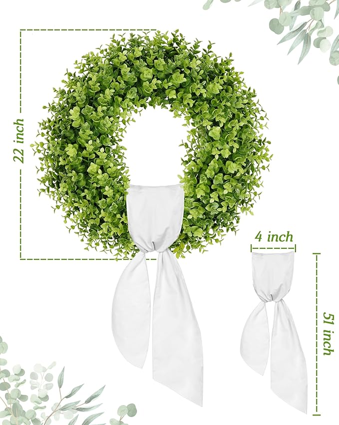 Vlorart 22 Inch Boxwood Wreaths for Front Door, Artificial Spring Wreath with Sash for Porch Window Wall Farmhouse Wedding Home Decorations, Summer Green Wreath for Year Round Indoor & Outdoor