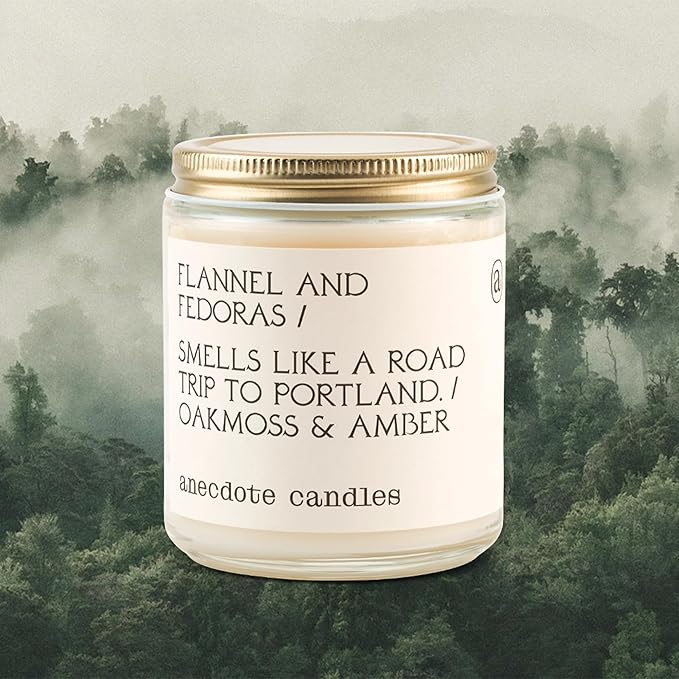 Anecdote 'Flannel & Fedoras' Coconut Soy Wax Candle Jar | Premium Hand Poured & Long Burning | Oakmoss & Amber Scent | Phthalate-Free | for Home, Office, Gift - 7.8 Oz