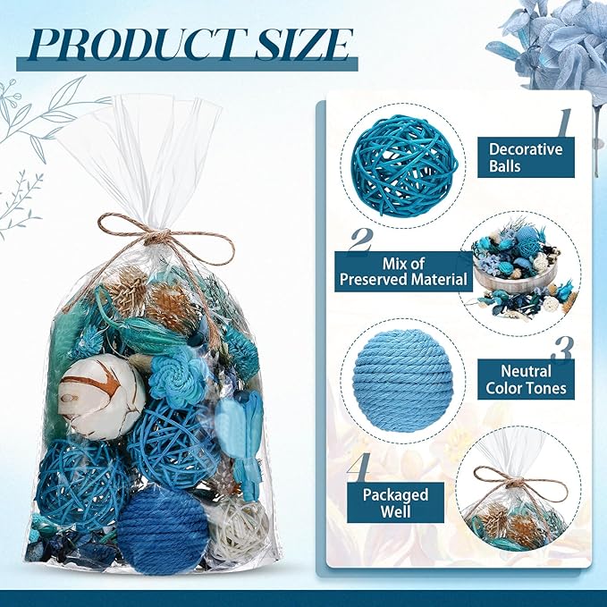 Nuanchu 2 Pack Decorative Balls Potpourri Bowl Filler Decor Natural Vase Bowl Filler Assorted Spherical Rattan Twigs Wicker Balls for Home Decor Centerpiece, No Scent(Blue Series,Charming Style)