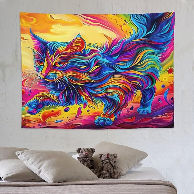 VUMIVI Colorful Cat Tapestry Pet Oil Painting Print Rainbow Colorful Abstract Art Pattern Tapestry Wall Hanging for Living Room Bedroom Dorm Classroom Aesthetic Decor W80xL60in