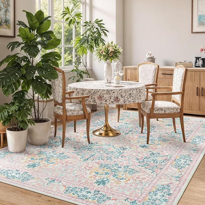 Lessymo Bedroom Rug 5x7 Area Rug for Living Room, Vintage Washable Floral Floor Mat Pink Rugs for Girls, Low Plie Non Skid Indoor Boho Forest Rugs for Nursery Dining Room, Pink Green