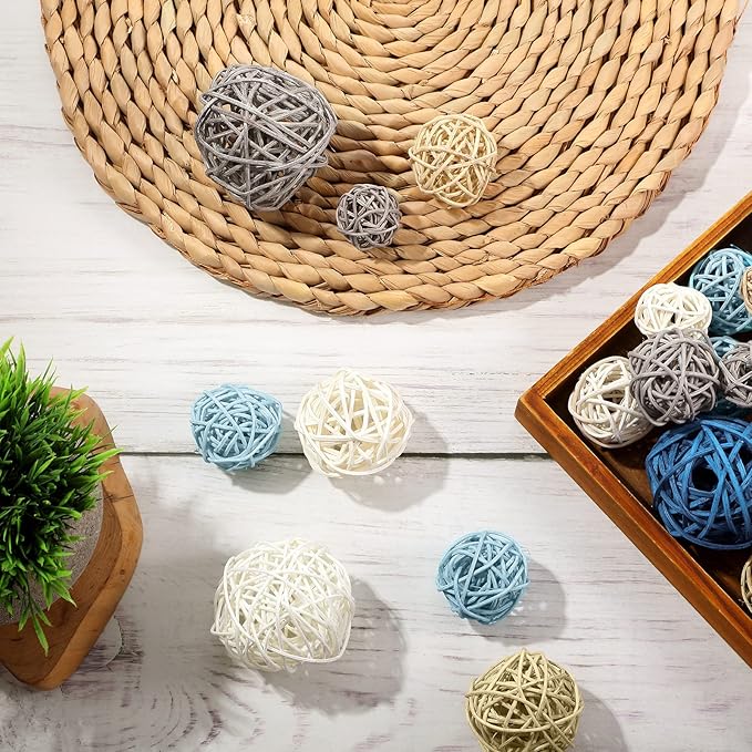 Patelai 72 Pcs Wicker Rattan Balls Decorative Balls for Vase Centerpiece Bowls Orbs Filler for Spring Summer Craft Home Decor, 4 Sizes(Blue, Sky Blue, Gray, Beige, White)