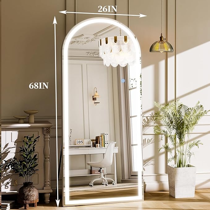 GLSLAND 26"x68" Arched LED Full Length Mirror with Lights Wall Mounted/Standing, Dimmable Floor Lighted Mirrors W/Anti-Fog, Touch Control for Bedroom, Dressing Room