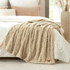 Cozy Bliss Faux Fur Throw Blanket for Couch, Fuzzy Soft Plush Thick Warm Fluffy Reversible Wave Textured Blanket for Sofa Bedroom Living Room, 55 * 70 Inches Khaki