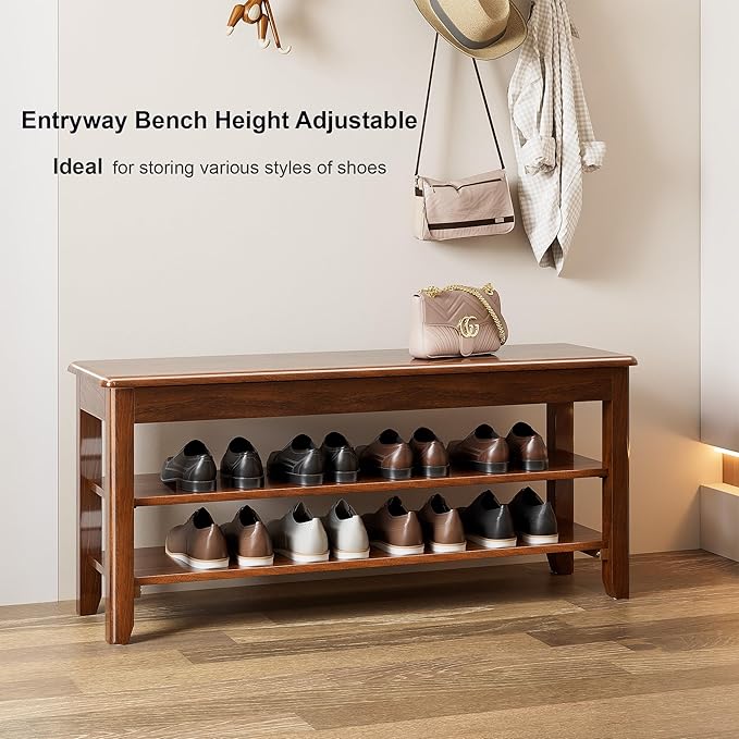 Shoe Storage Bench for Entryway - 3 Tier Shoe Rack for Front Door Entrance, Rubberwood Shoes Rack Height Adjustable, Entryway Bench with Shoes Storage for Any Room (Walnut, 39.4" W)