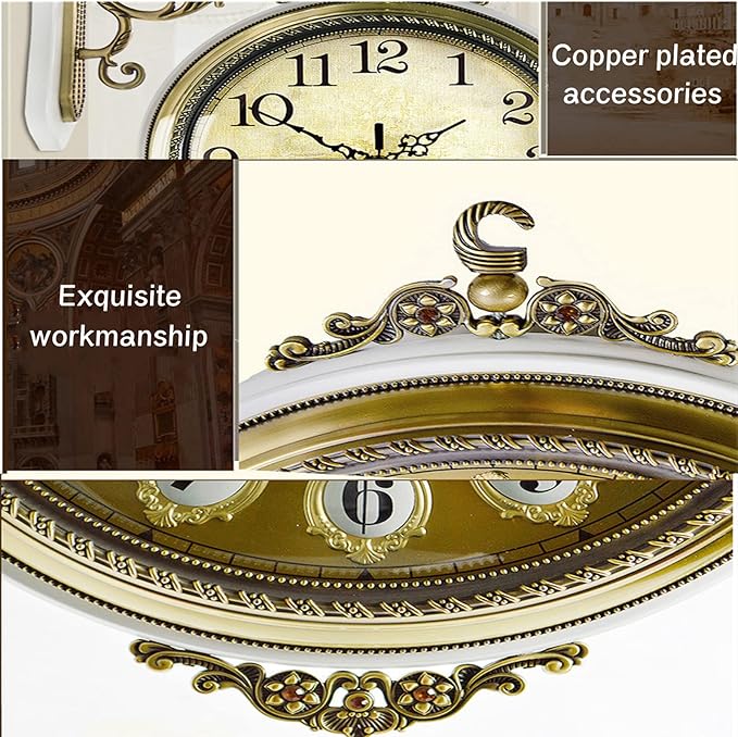 Large Wall Clock Double Sided, European Style Double Sided Alloy Wall Clock 360° Rotating Metal Wall Watch Non Ticking Silent Clock for Indoor Outdoor Office Living Room Porch Clock Wall Decor