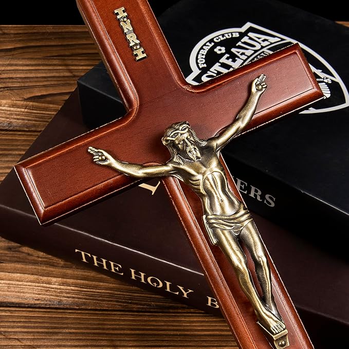 SISSIDA Crucifix Wall Cross, 12 Inch Handmade Wooden Catholic Crosses with Jesus Christ for Wall Decor
