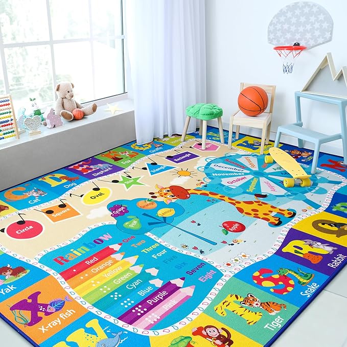 Chicrug Educational Kid Area Rug for Playroom, 7x10 Feet TPR Non Slip Kids Classroom Carpet Rug for Learning ABC Animal,Shape Color Fruit, Washable Play Mat Rug for Children Nursery Toddler Room Decor