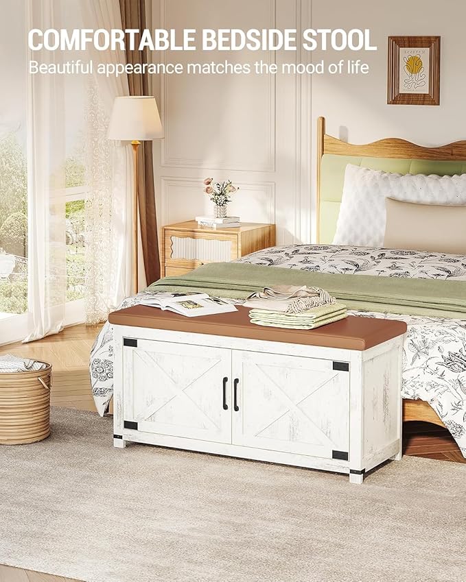 Shoe Storage Bench, 2 Tier Shoe Bench with Padded Seat Cushion & 2 Barn Doors, Entryway Bench with Adjustable Shelf, Farmhouse Shoe Cabinet for Living Room, Bedroom, Antique White SB26614KA
