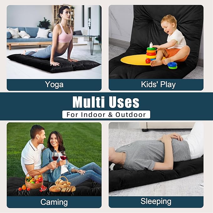 HOMBYS Floor Lounger Pillow Foldable and Tufted Design Long Floor Cushion for Yoga, Reading, Sleeping, Meditation, Elastic Band for Roll Up and Easy Storage, Machine Washable, Black, 74"x27"