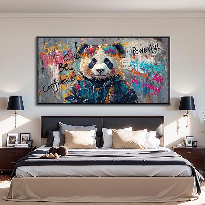 JEAWA Large Canvas Framed Wall Art, Panda Abstract Graffiti Street Art Pop Wall Picture Black and White Paintings Ready to Hang Living Room Bedroom Study Home Office Inspirational Decor 29x58 IN
