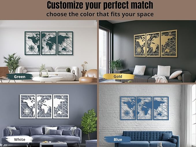 VAILLA World Map Wood Wall Art Decor Large Hanging Sculpture Modern Home Decoration Large Set of 3 Panels Map Wallart Botanical Wall Hangings Wooden Wall Arr 3D Textured Sculptures for Living Room Bedroom Office Dinnig Room