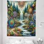 Ambesonne Trippy Tapestry Twin Size, Scenic Waterfall with Wonderland Woods and Psychedelic Mandala Flowers, Wall Hanging Bedspread Bed Cover Wall Decor, 68" X 88", Olive Green Multicolor