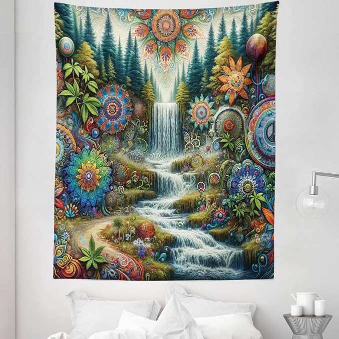 Ambesonne Trippy Tapestry Twin Size, Scenic Waterfall with Wonderland Woods and Psychedelic Mandala Flowers, Wall Hanging Bedspread Bed Cover Wall Decor, 68" X 88", Olive Green Multicolor
